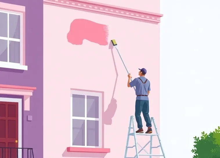 Peintre sur échafaudage traitant la façade d'une maison