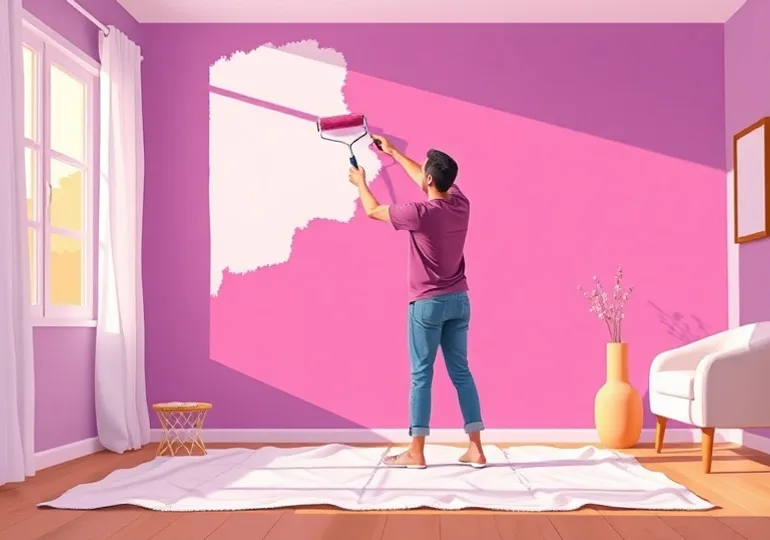 Peintre appliquant la peinture au rouleau sur un mur de salon